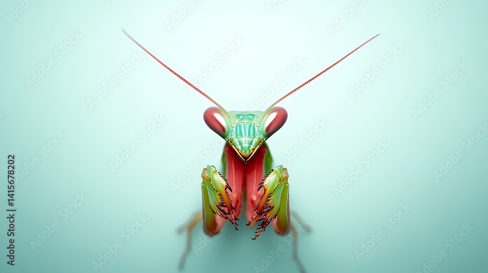Poster colorful mantis with intricate patterns and vibrant colors on a light background