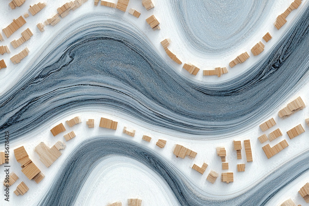 Poster beautiful abstract design with wooden blocks on a swirling gray and white background creating an art
