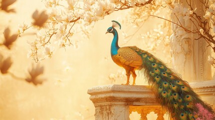 Peacock Perched Amidst Blooming Magnolias