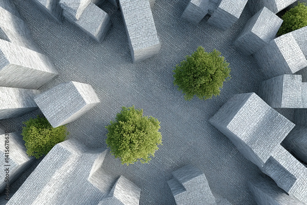 Poster unique aerial view of a modern urban landscape with greenery and geometric architecture in a tranqui