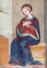 PISTOIA, ITALY - MARCH 16, 2025: The medieval fresco of Virgin Mary from the Annunciation in the...