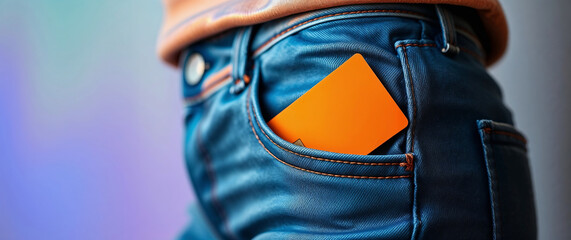 Orange credit card showing from blue jeans pocket