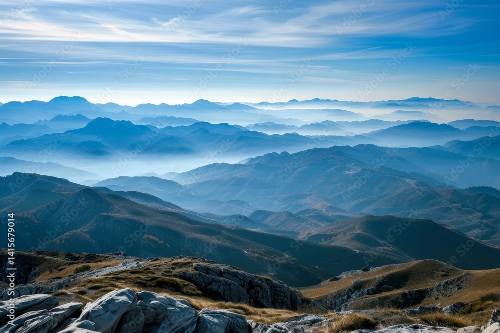 Poster a panoramic view from a mountain peak with layers of fog in the distance, a panoramic view from a mo