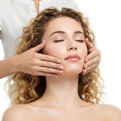 Naklejka premium Young Woman Receiving Facial Massage at a Spa or Beauty Salon on a White Background