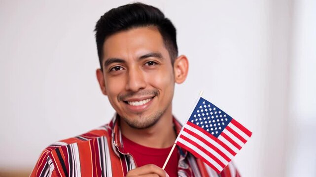 Happy smiling hispanic immigrant holding a small US flag the day of her naturalization ceremony	