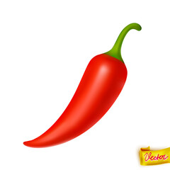 Bright red chili pepper with smooth glossy surface and green stem. Realistic vector illustration isolated on white. Great for spicy food ads, cooking designs, health food labels, and packagin