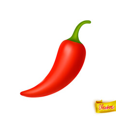 Bright red chili pepper with smooth glossy surface and green stem. Realistic vector illustration isolated on white. Great for spicy food ads, cooking designs, health food labels, and packagin
