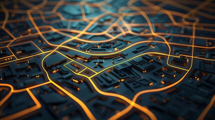 Abstract futuristic city map with glowing orange streets and pathways on a dark, textured base. Represents navigation, data, urban technology, or network.
