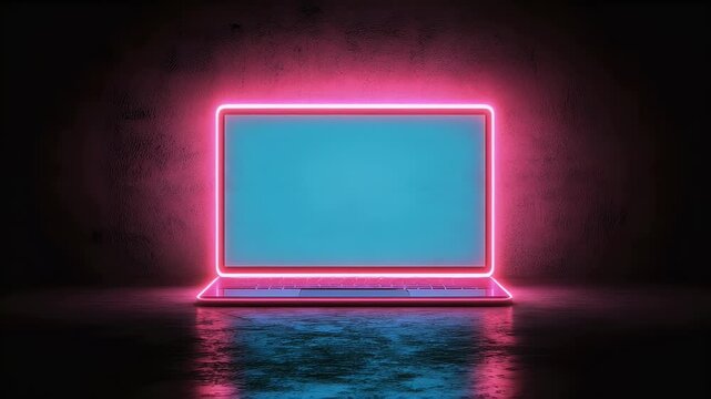 Futuristic Laptop with Glowing Neon Pink Outline Against Dark Background Creating Vibrant Atmosphere
