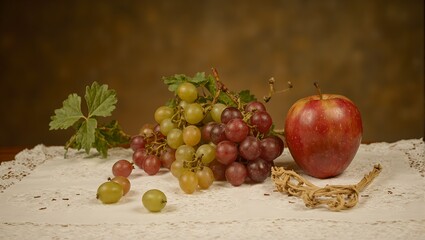 Timeless still life with apple and grapes on lace capturing cozy vintage kitchen vibes in soft light