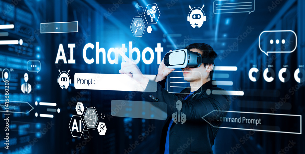 Poster businessman with headset standing at data center while using ai assistance. project manager pointing