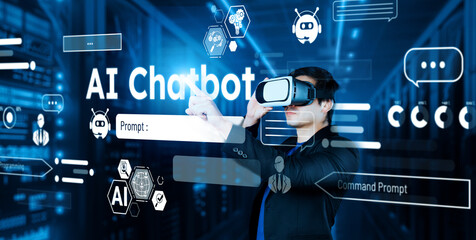 Businessman with headset standing at data center while using AI assistance. Project manager...