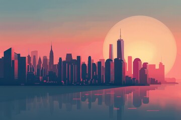 Fototapeta premium A stylized illustration depicting a city skyline with geometric shapes and a sunset backdrop, A minimalist city skyline with clean lines and geometric shapes, creating a sleek and modern aesthetic
