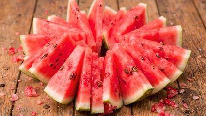 Vibrant sliced watermelon fan on rustic table Bright pinks and glossy seeds pop in high energy composition
