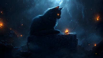 A mysterious black cat with glowing fur, sitting on an ancient stone slab, surrounded by flickering torches in a cave with sparkling crystals.