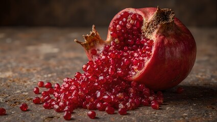 Vibrant pomegranate with juicy red seeds bursting out on rustic textured background Rich color and detail captured in a close up shot
