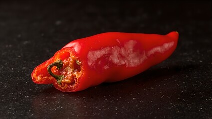 Vivid red chili pepper sliced open to reveal juicy seeds contrasting against dark textured background with vibrant color accents
