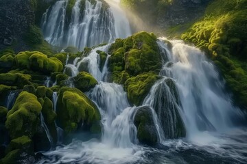 Obraz premium A pristine waterfall cascades down a lush, moss-covered canyon, The smooth, glassy sheen of a pristine waterfall cascading down a moss-covered rock face