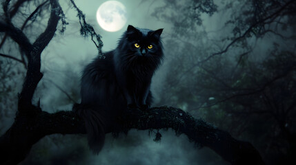 A mysterious black cat with golden eyes, sitting on a branch of a twisted tree in a foggy forest, under the light of the full moon.