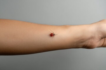 Obraz premium A detailed close-up photograph showcasing a tick on human skin, highlighting the insect's small size and potential health risks.