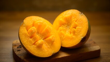 Fresh ripe mango with juicy golden flesh elegantly sliced on rustic wooden board Perfect for food and health concepts