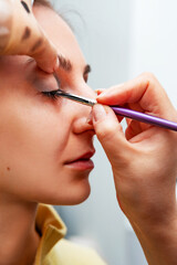 Makeup artist applying make up to a beautiful young pretty girl in a professional salon. Beauty,...
