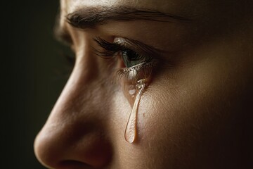 A tear rolls down a woman's face, capturing the essence of sadness.