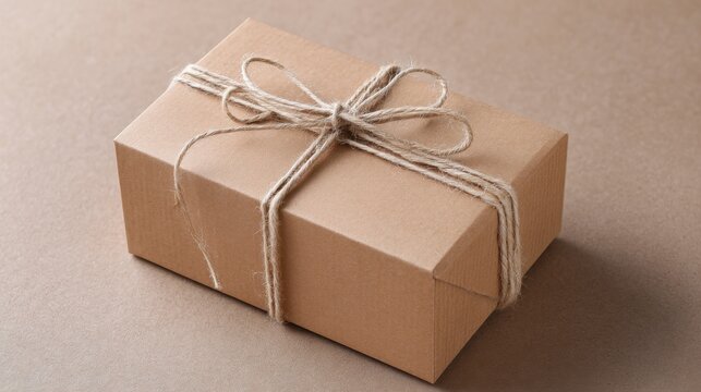 Box tied with natural string on kraft paper with shadow, eco packaging scene, product presentation, brand authenticity