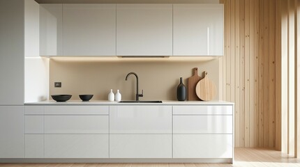 Modern minimalist kitchen with white and wood cabinets. 3D Rendering