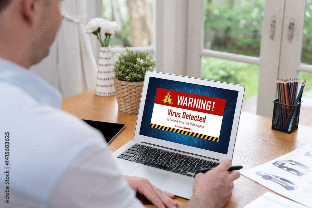Aufkleber virus warning alert on computer screen detected brisk cyber threat , hacker, computer virus and malw