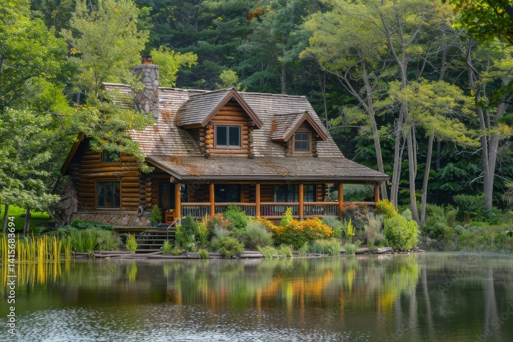 Poster a serene log cabin sits on the edge of a calm lake, surrounded by lush greenery and tall trees, a ru