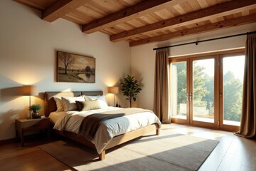 Wooden beams exposed in master bedroom ceiling, room decoration, wooden beams