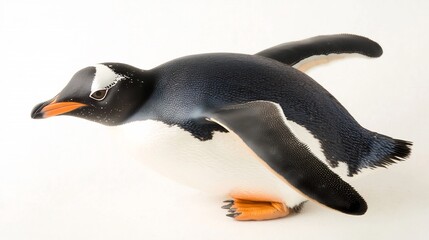 Penguin on a white background with its wings slightly extended its sleek and glossy feathers shimmering softly