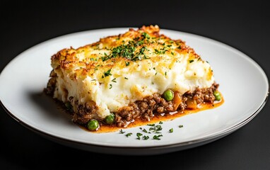 A savory serving of shepherd's pie, featuring a golden-brown mashed potato topping over a rich meat and vegetable filling. The dish is presented on a simple white plate against a dark background