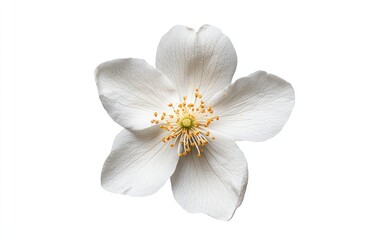 Fototapeta premium White flower with yellow center, levitating against a solid white background. The image is clean and simple, highlighting the delicate details of the blossom