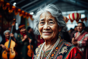 Obraz premium Smiling Elderly Woman at Cultural Event