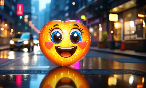 A cheerful, glowing heart emoji with big eyes and blushing cheeks in a vibrant city street at night