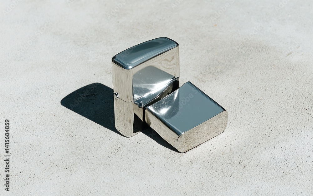 Poster close-up view of a metallic, geometric object resembling a partially opened lighter resting on a lig