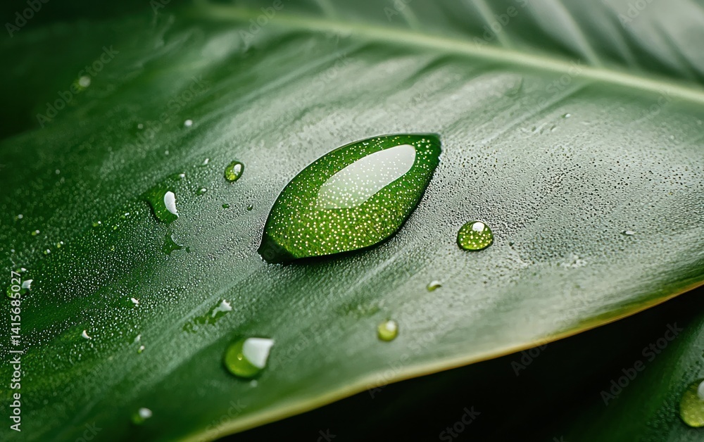 Poster macro close-up of a dewdrop on a lush green leaf, showcasing the intricate details of water droplets