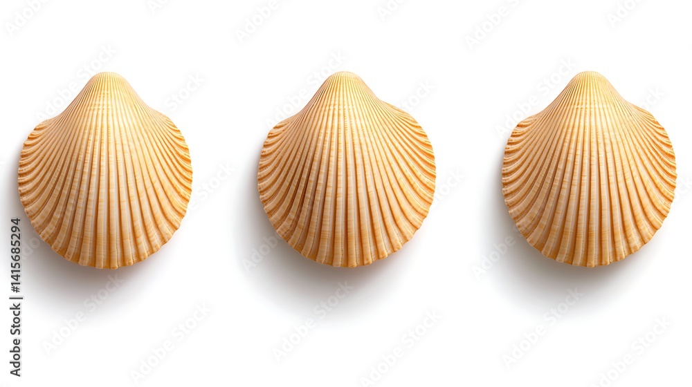 Poster three smooth shells displaying stripes and curved shapes on a light background