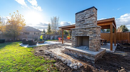 Backyard Renovation with Stone Fireplace and Outdoor Seating Construction