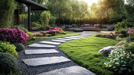 Fototapeta premium Beautiful Backyard Garden Pathway with Seating Area in a Lush Greenery Landscape