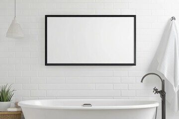 Blank horizontal picture frame above bathtub in bright bathroom. Minimalist interior with natural light and clean design