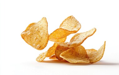Crispy golden plantain chips levitate against a bright white background.  The chips are irregular in shape, showcasing a light dusting of seasoning. The image is clean and simple, highlighting the