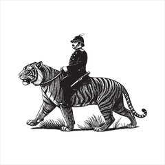 Fototapeta premium Vintage Military Officer Riding Tiger – Black and White Detailed Historical Engraving