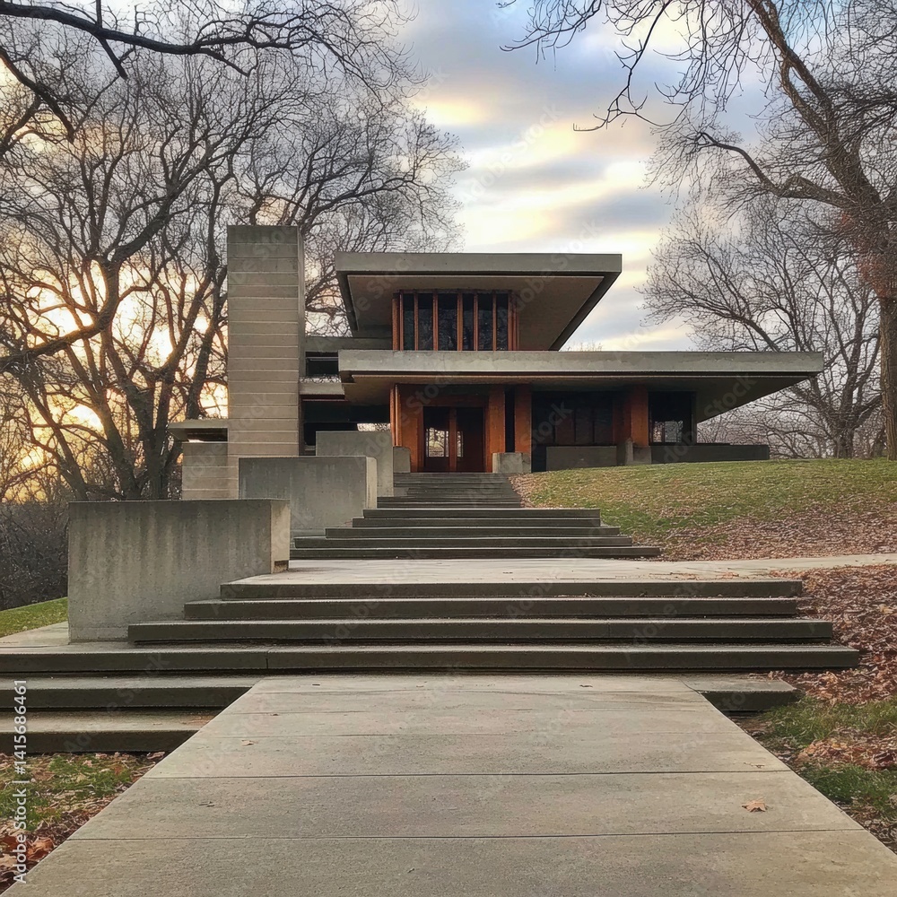 Poster exploring a modern architectural masterpiece nestled in nature on a cloudy evening generative ai