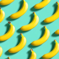 Repeating pattern of bright yellow bananas aligned on turquoise background, bold flat light, pop art poster vibe