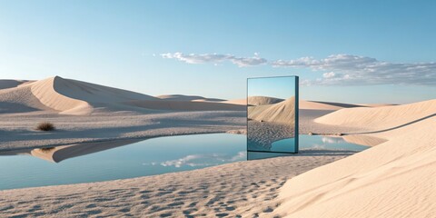 Obraz premium Desert Oasis Reflection Minimalist Digital Art, Mirror, Sand Dunes, Landscape, Surrealism, Digital Painting Keywords Surreal, Digital art