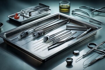 Fototapeta premium A sterile surgical tray with various medical instruments prepared for an operation in a clinical setting.
