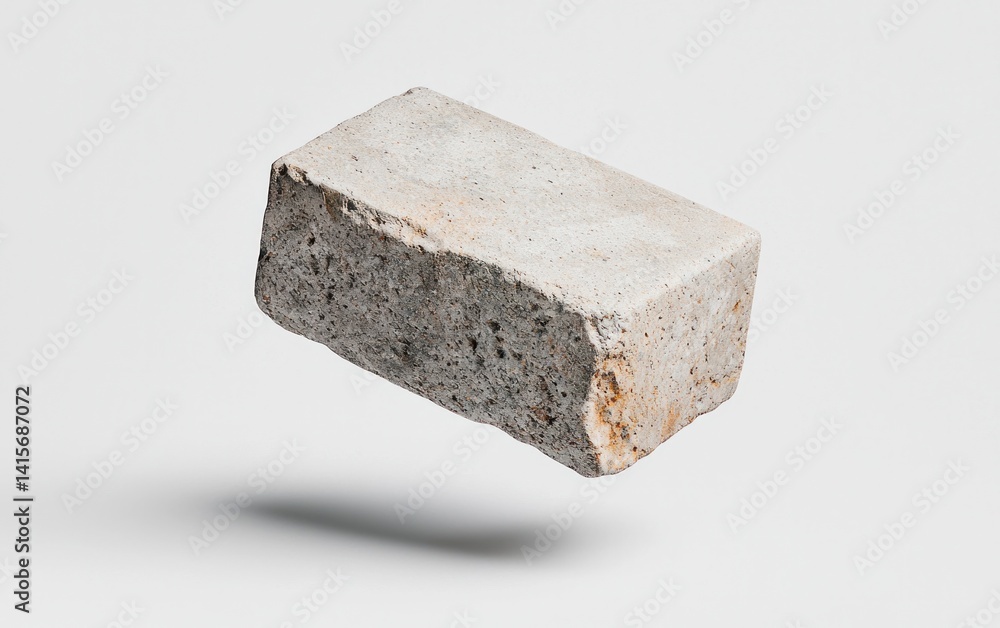 Poster a gray and tan rectangular stone levitates against a solid white background. the stone has a slightl
